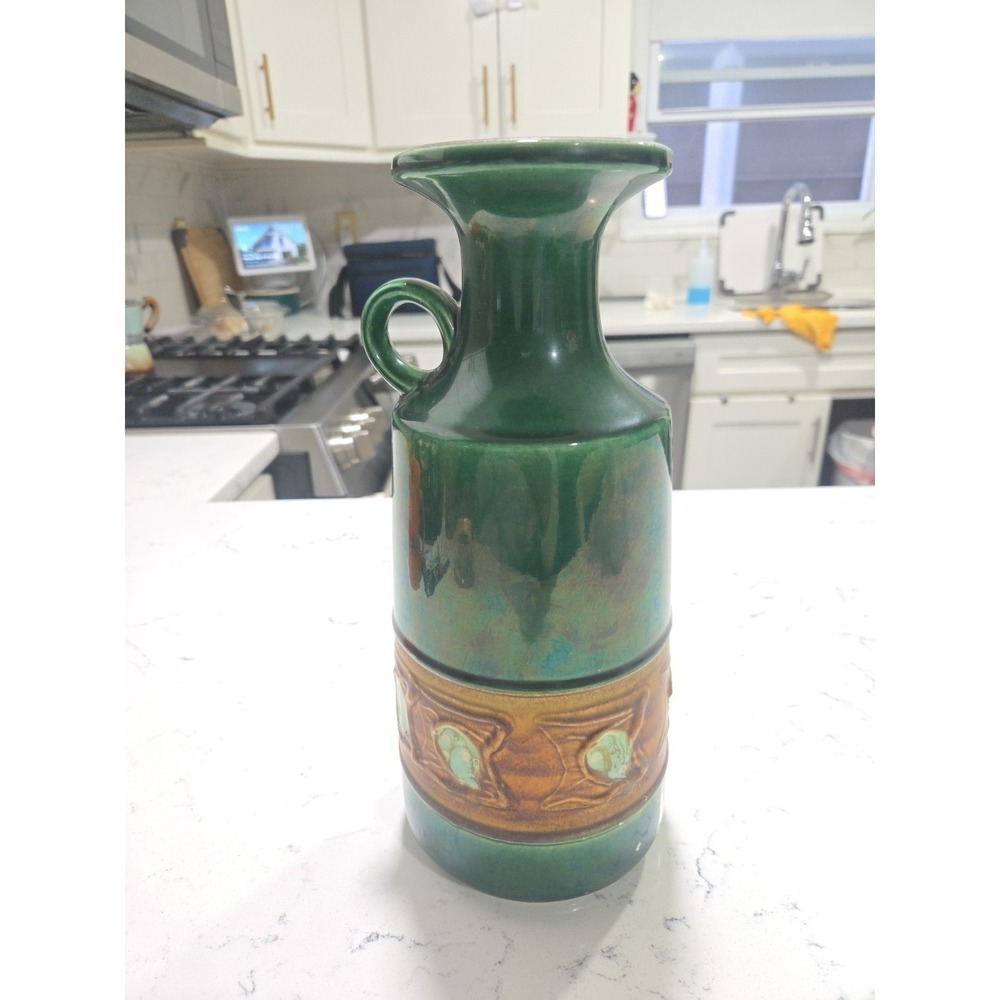VINTAGE MCM U KERAMIK GREEN BROWN‎ VASE PITCHER JUG WESTERN GERMANY